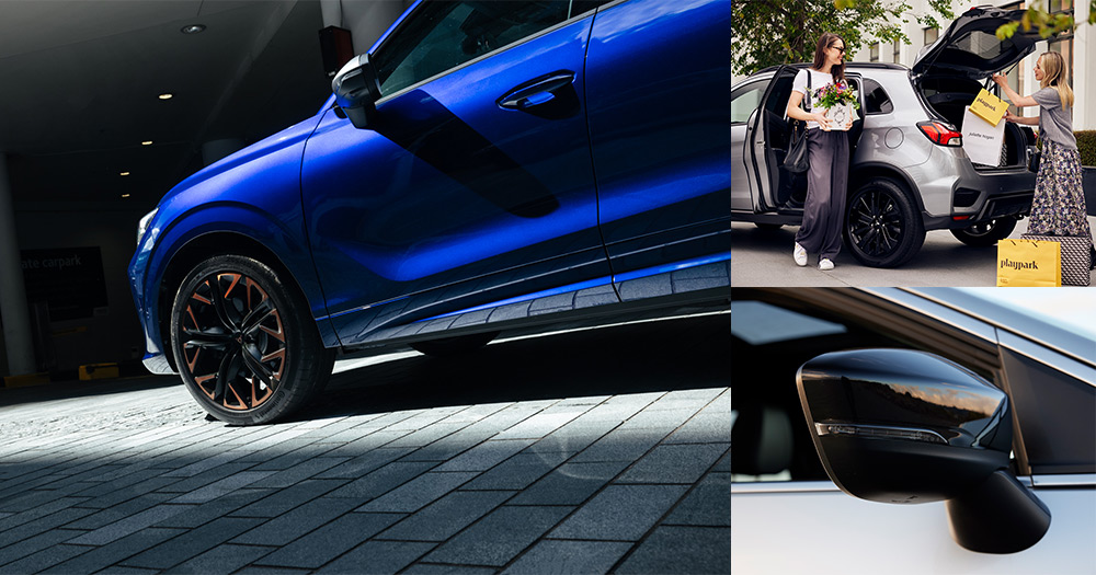 Collage of vehicle exterior details, showing the side of a blue sports car, a silver suv and black mirror cap