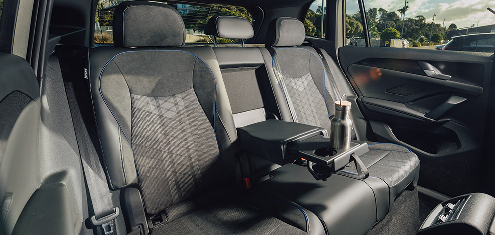 Black and grey fabric & alcantara upholstery in a car