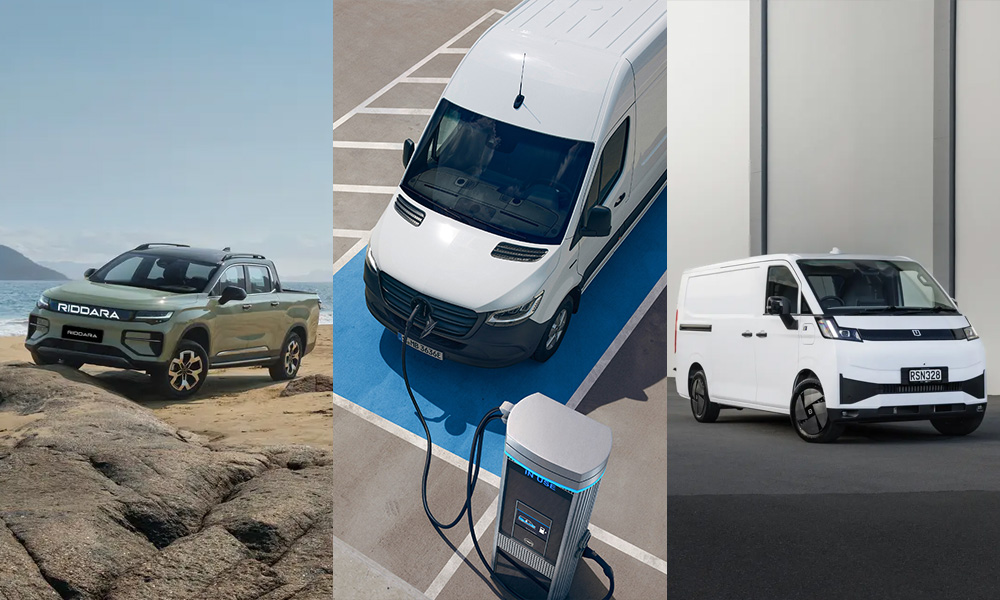 3 Portait images, one electric ute and two electric vans