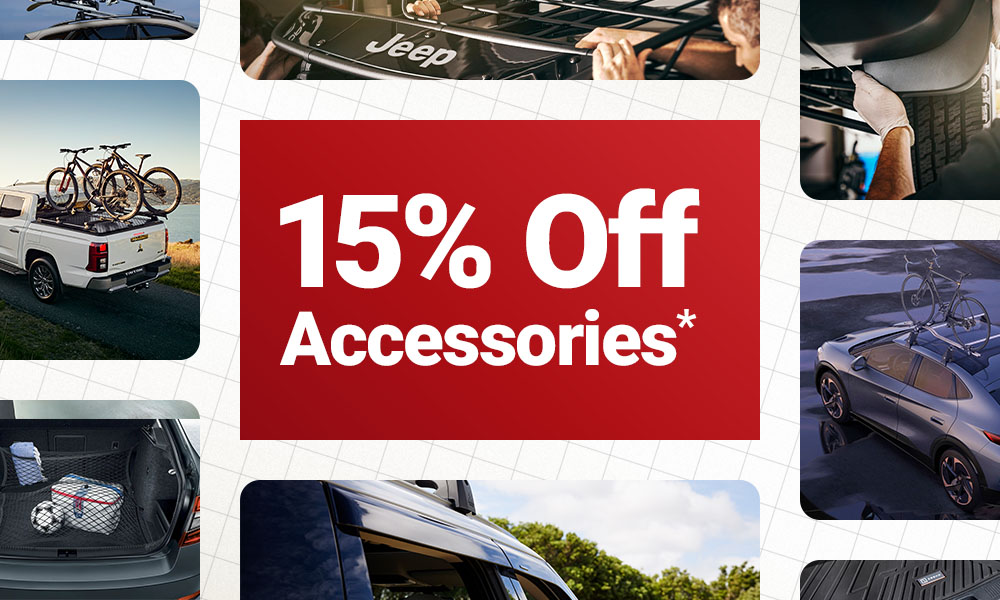 Collage of car accessories with a red badge in the middle showing 15% off