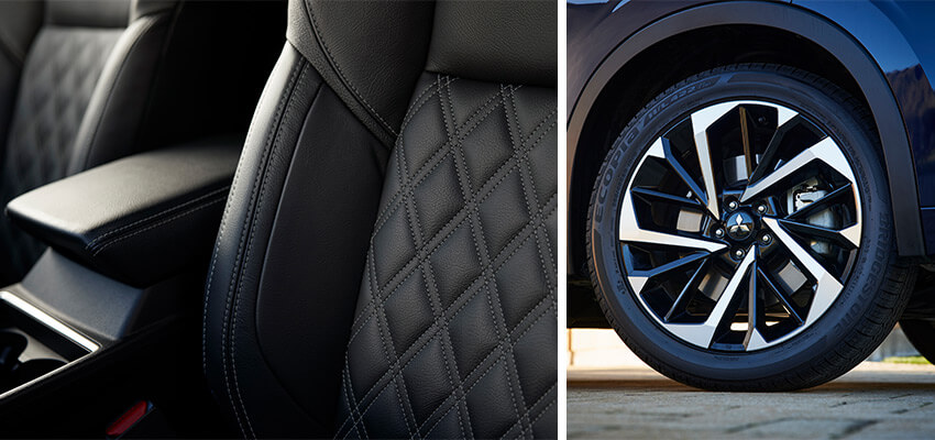 Close up of quilted leather upholstery and an alloy wheel of a Mitsubishi