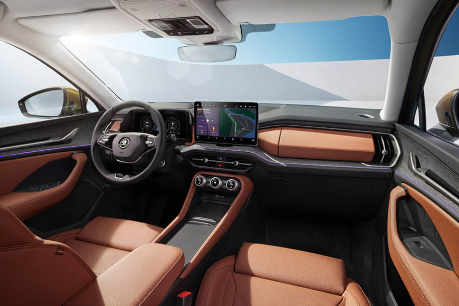 Brown leather upholstery in a Skoda SUV