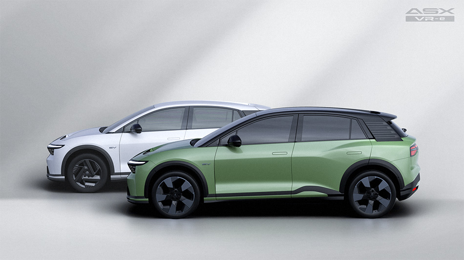Side profiles of a green and white ASX Ev