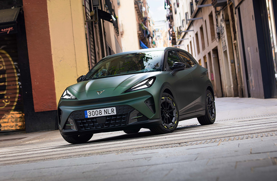 A matte green CUPRA Raval on a Spanish street